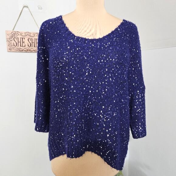 Allen B by Allen Schwartz Sweater Sequin Drop Shoulder Blue High Low XL Bling - Picture 1 of 14